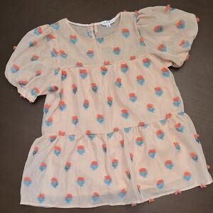 THML Sheer Peach Blouse with Blue and Orange Accents Sz S